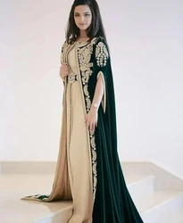 녹색 모로코 Kaftan 이슬람 이브닝 드레스 a 라인 쉬어 벨벳 아플리케 두바이 아랍어 터키 Abaya 이슬람 가운 맞춤형