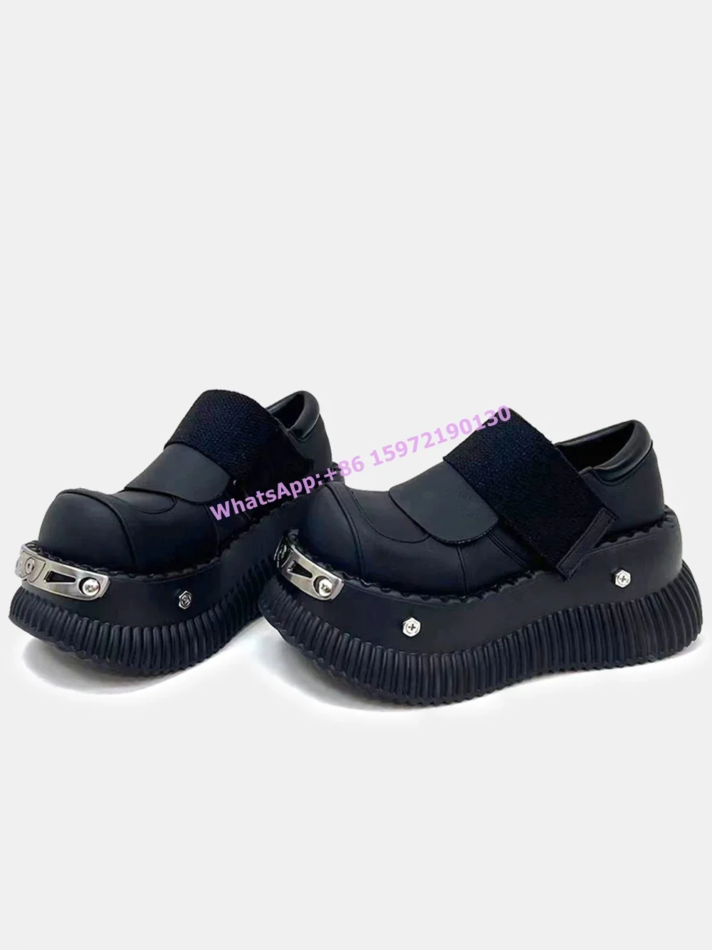 

Platform Rivet Metal Punk Pumps Black White Thick Soled Round Toe High Increase Shoes Hotties Niche Design Vocation Shoes