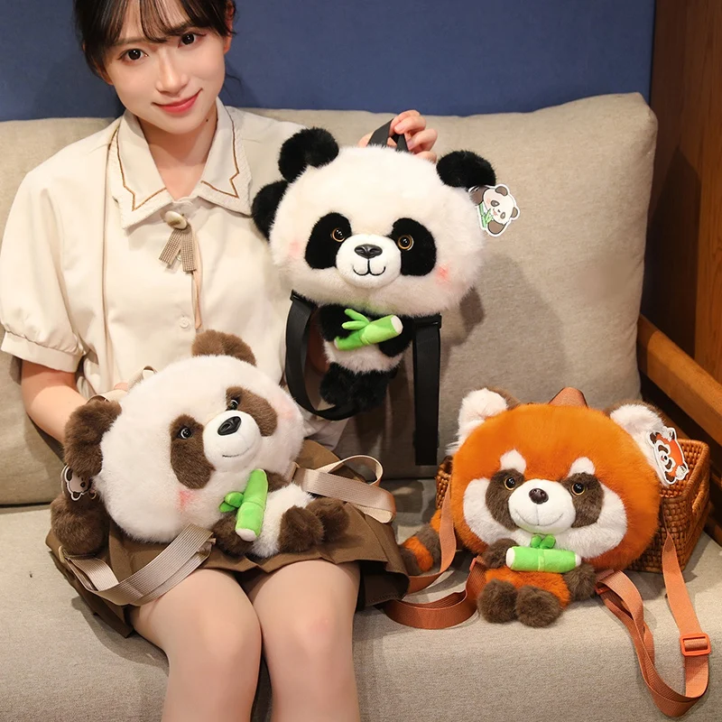 Schattige rode panda pluche rugzak Kawaii mode knuffel pop knuffeldier Panda met bamboe vakantiegeschenken