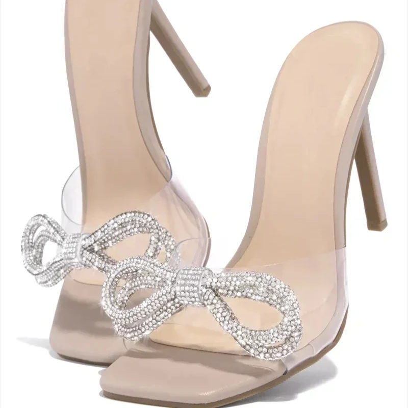 Summer New Fashion Sexy Comfortable Banquet High Heels Rhinestone PVC Elegant Bow Fashion Women's Slippers