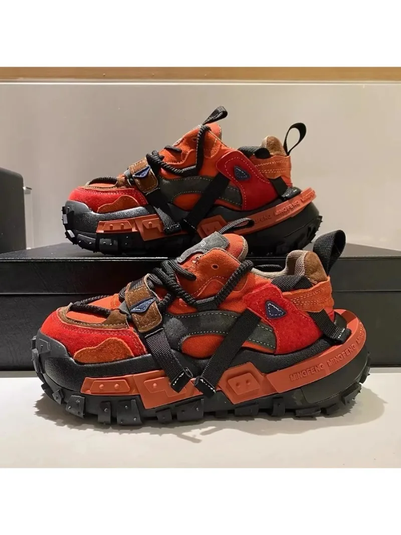 Baskets à plateforme pour hommes, chaussures de course à semelle de pneu de styliste, mode décontractée, tissu en cuir microfibre, chaussures épaisses internes accrues