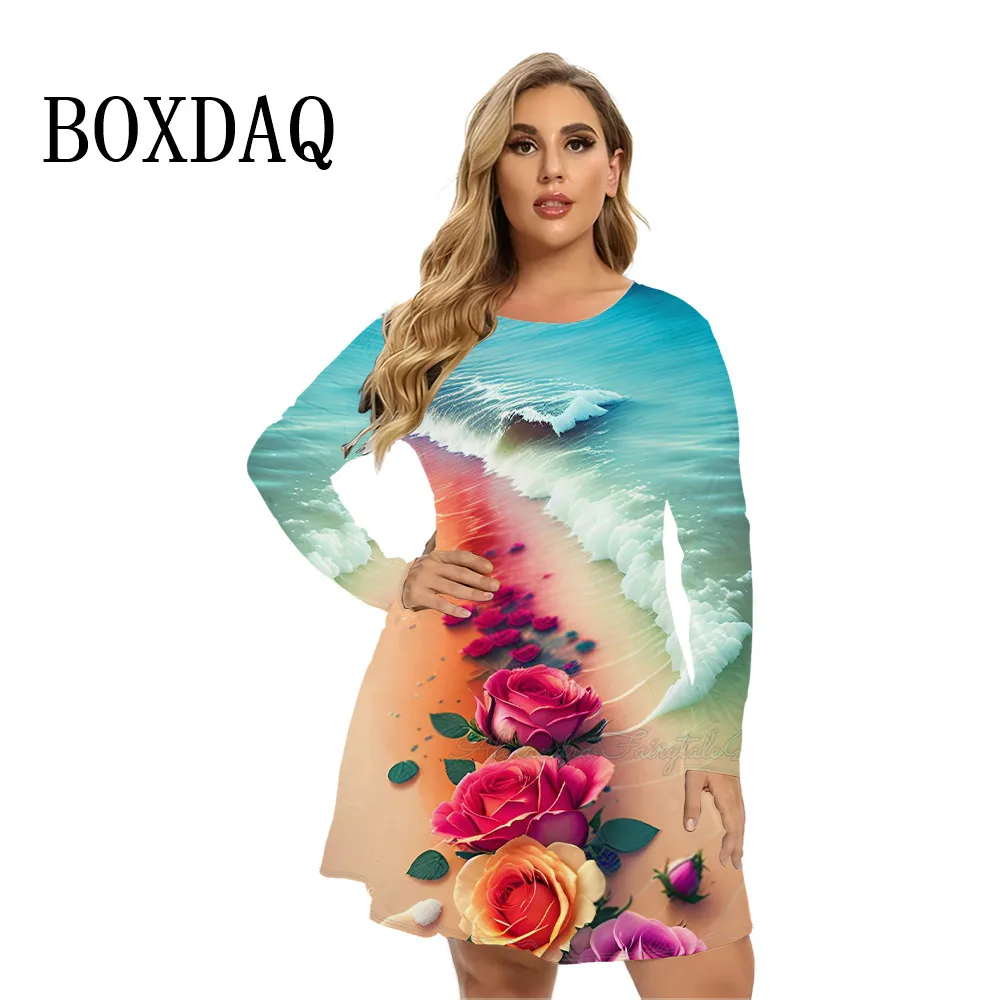 2024 Autumn Winter Dresses Women Long Sleeve Loose Casual Gradient Rose Flower Print A-Line Dress Fashion Plus Size Clothing 9XL