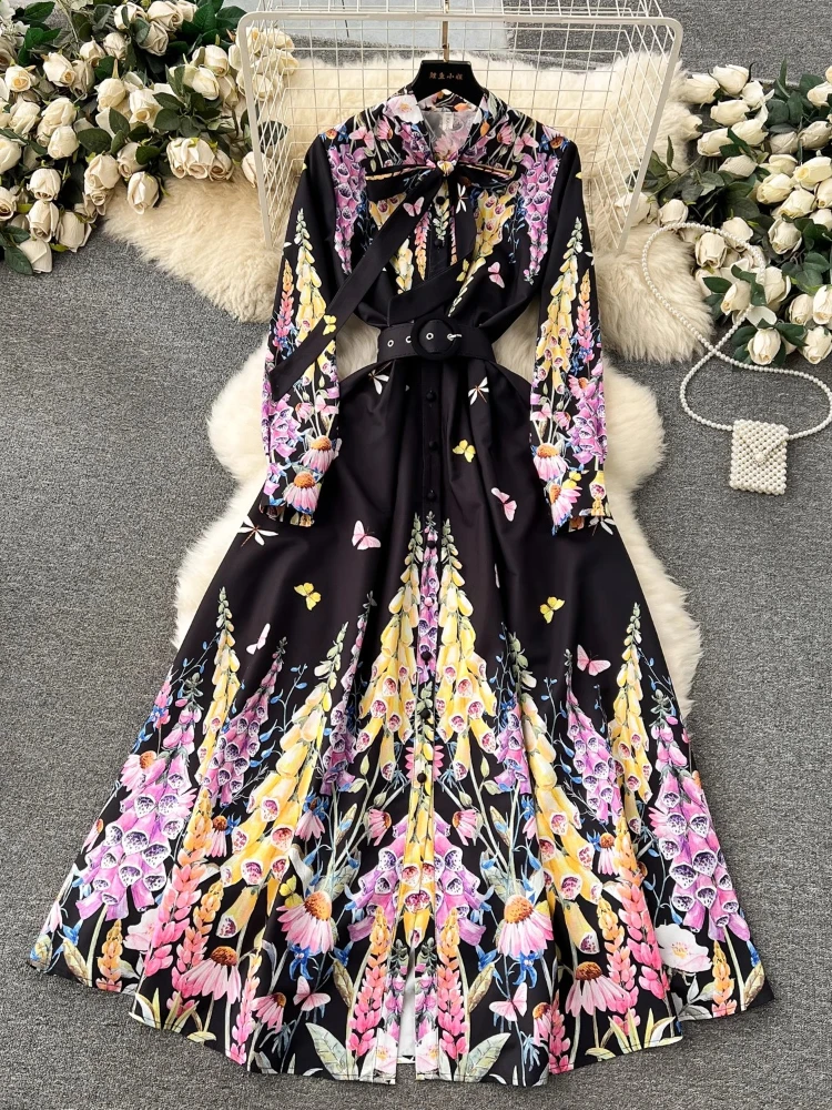 Women Elegant Floral Party Dress Spring Auutmn Bandage Bow Collar Long Sleeved Pleated Vintage Oil Painting Printed Dresses