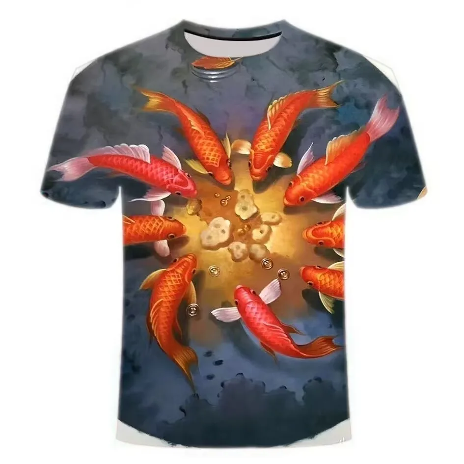 3d Large Outline Line Koi Fish Print Men'S T-Shirt Summer Fashion Trend Top Casual Hip Hop Short Sleeve Comfortable Clothing