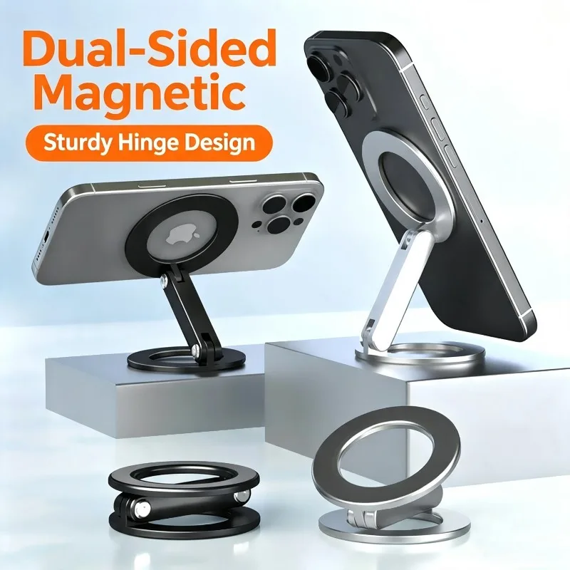 180° Rotate Dual Magnetic Car Phone Holder Foldable Desktop Smartphone Stand For Magsafe iPhone 16-12 Max Pro Mount Gift 2*Ring