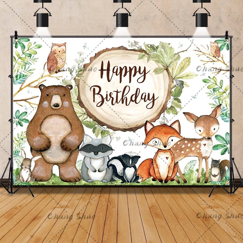 Wild Animals Deer Bear Fox Baby Shower Background Baptism Party Photography Background Children Happy Birthday Decoration Banner