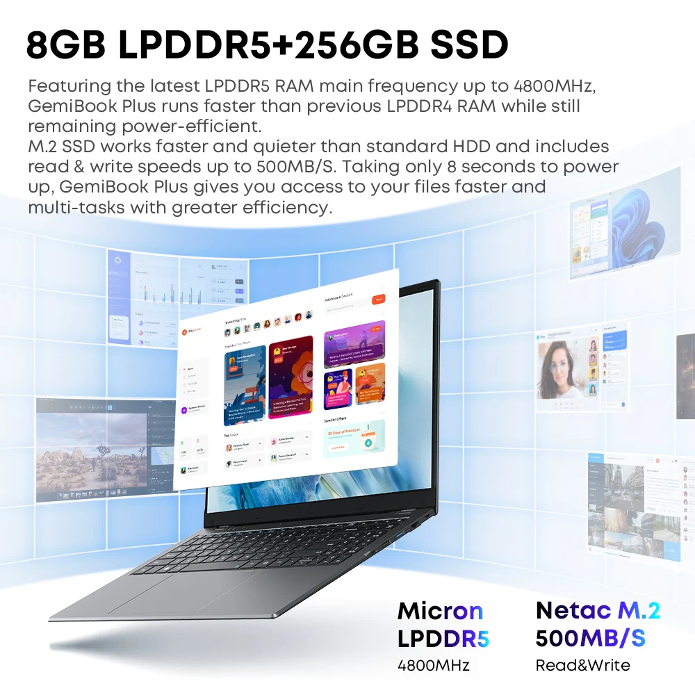 CHUWI GemiBook Plus 노트북, 15.6 인치 2K UHD 디스플레이 노트북, 윈도우 11 인텔 N100, 8GB RAM, 256GB SSD, WIFI6 초박형 바디 노트북