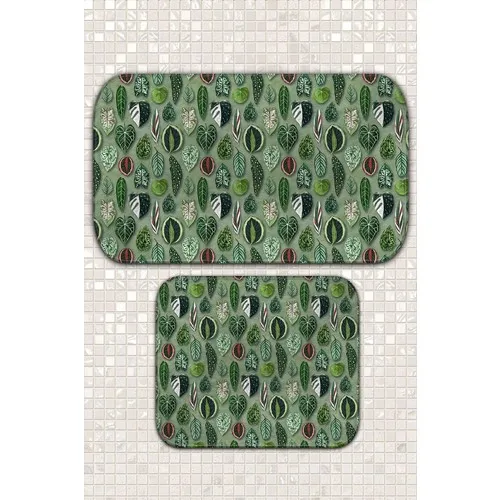 Bouquet Home 2'li Leaves Suit Bath Mats and Toilet Seat Pad