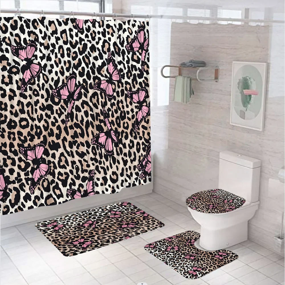 Black White Cow Spots Leopard Shower Curtain Sets Animal Fur Bathroom Curtains Non-Slip Bath Mat Pedestal Rug Lid Toilet Covers