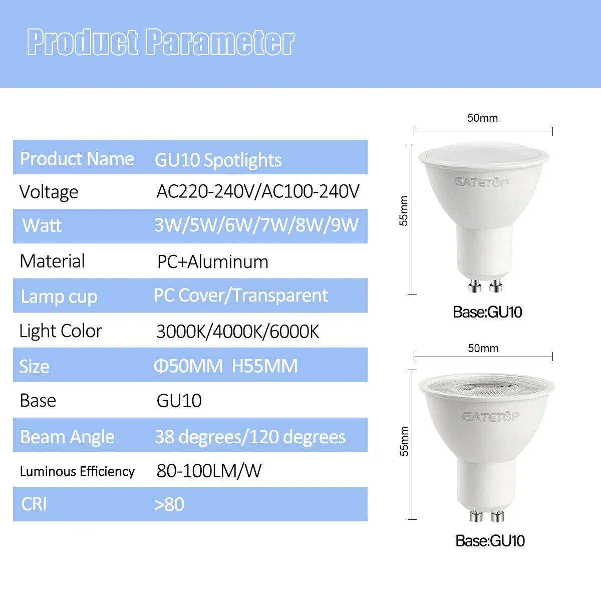 3PACK GU10 Spotlight No Flicker 3W 5W 6W 7W 8W 9W Power LED Bulb AC220V 120V Replace 50W Halogen Lamp for Home Lighting Directio