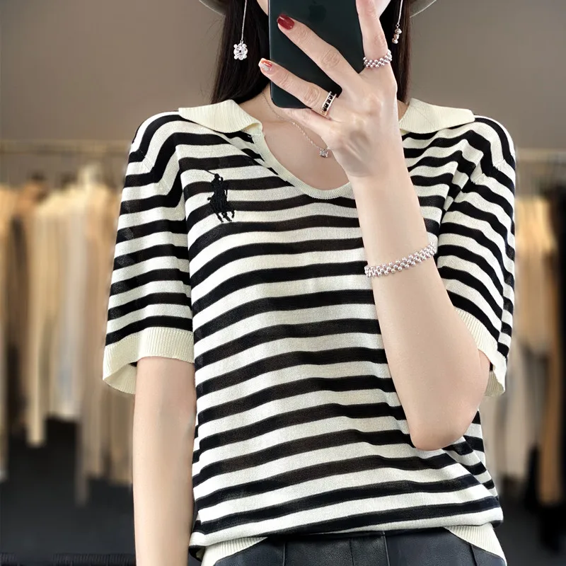 New Embroidery Loose Short Sleeve Striped T-shirt Summer Women\'s Fashion Short Sleeve Top