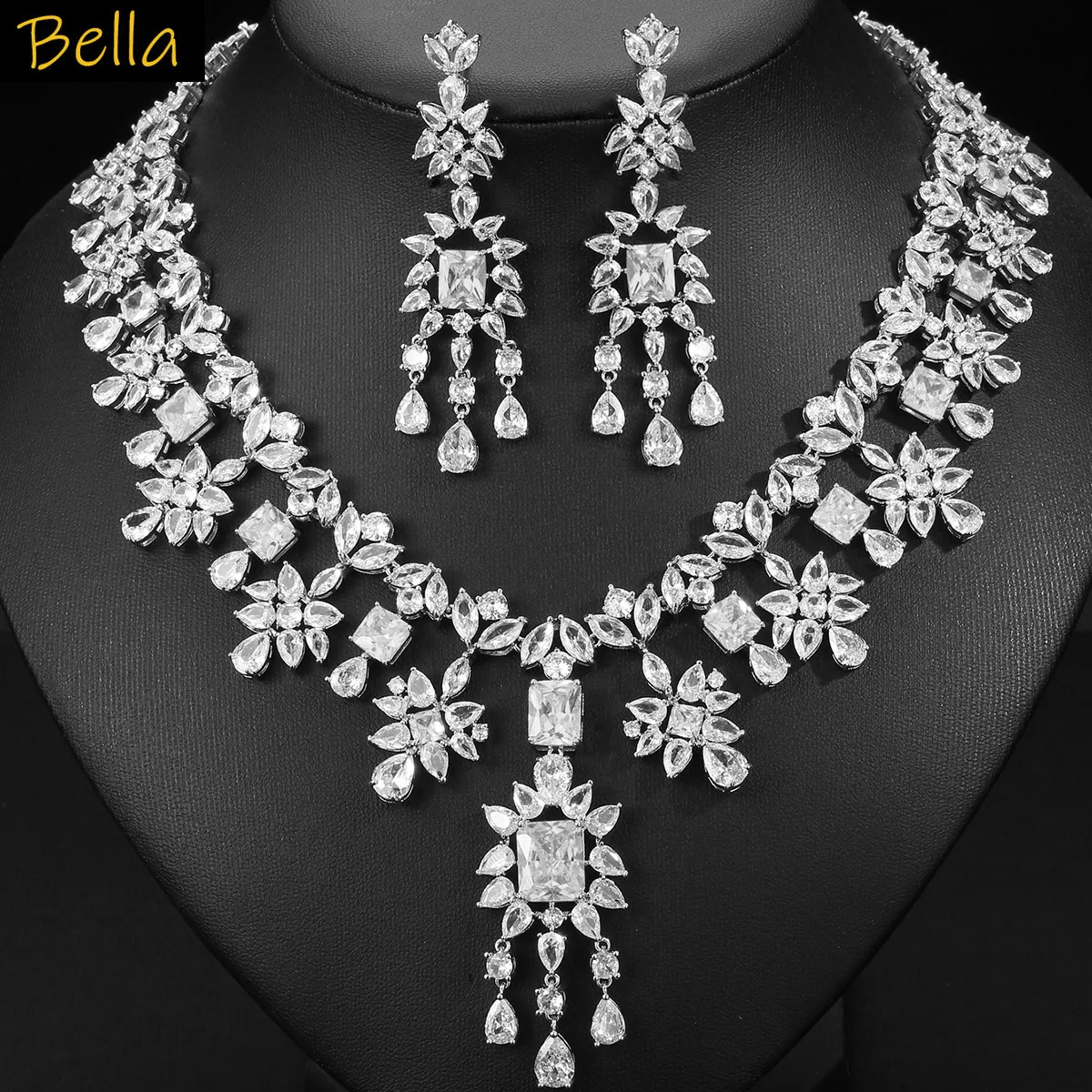 

Jewelry Sets 2Pcs Necklace and Earrings Wedding Dinner Party luxury jewelry Green Red Blue White Yellow zirconia flower pendant