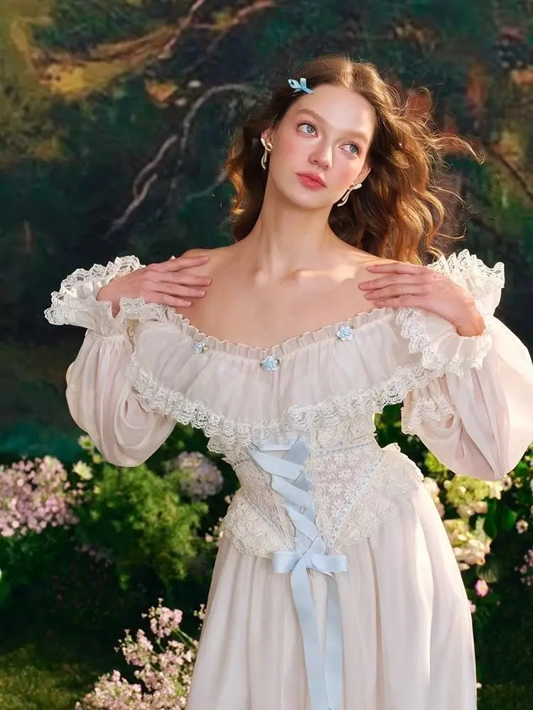 Vestido Vintage Francês Lolita Corte Com Bordado Renda, Cintura Fina, Saia Grande, Elegante Vestido Princesa Manga Bufante Amarração Feminino