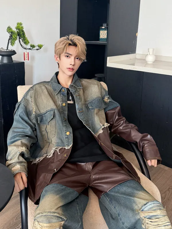 

Комплект TANGZ Studio: Мужская джинсовая куртка в американском ретро-стиле с кожаными вставками и эффектом потертости, модный трендовый комплект для весны, осени и зимы