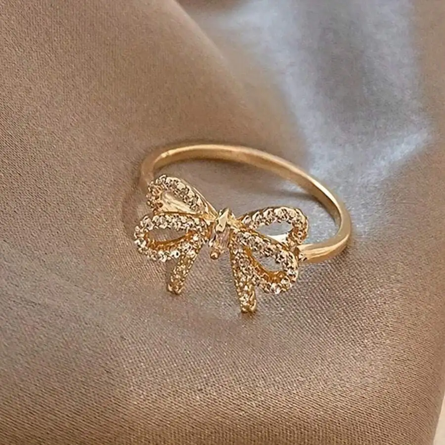 

Gold Tone Bowknot Ring with Crystal Accents for Women, Elegant Gift for Special Occasions