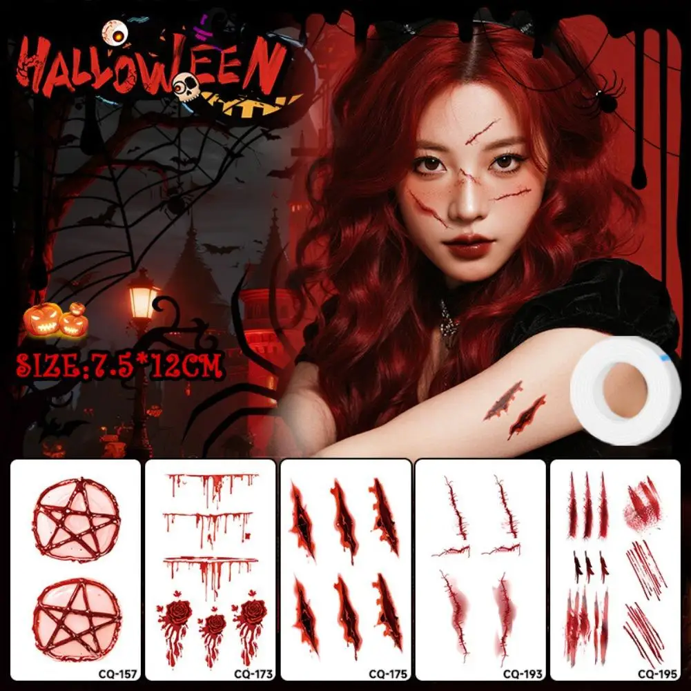 5-blatt Halloween realistische blutige Wunde Tattoo Aufkleber Spinnennetz Tattoo für Gesicht und Körper Dekoration wasserdichte DIY Aufkleber
