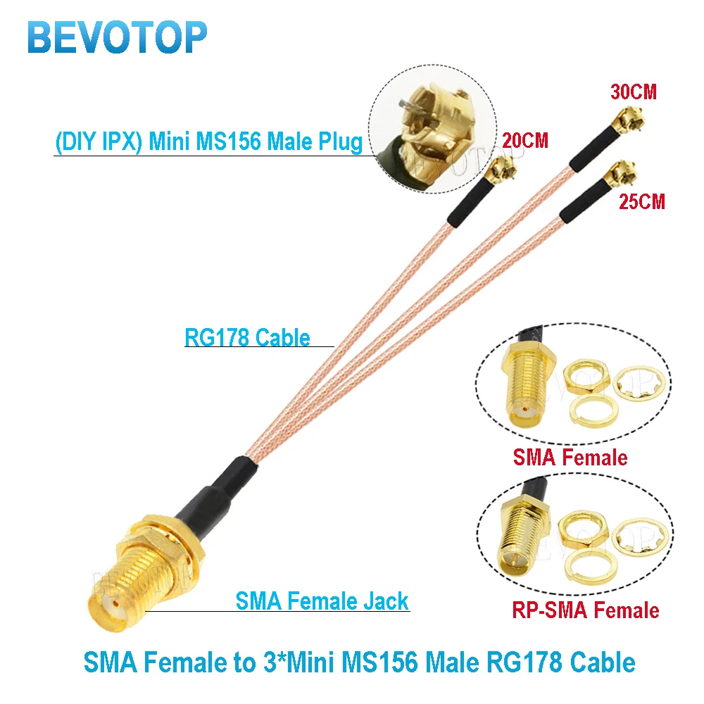 BEVOTOP New RP-SMA / SMA Female to 3 x Mini MS156 Male Plug DIY  Splitter Cable RG178 Pigtail WIFI Antenna Extension Jumper