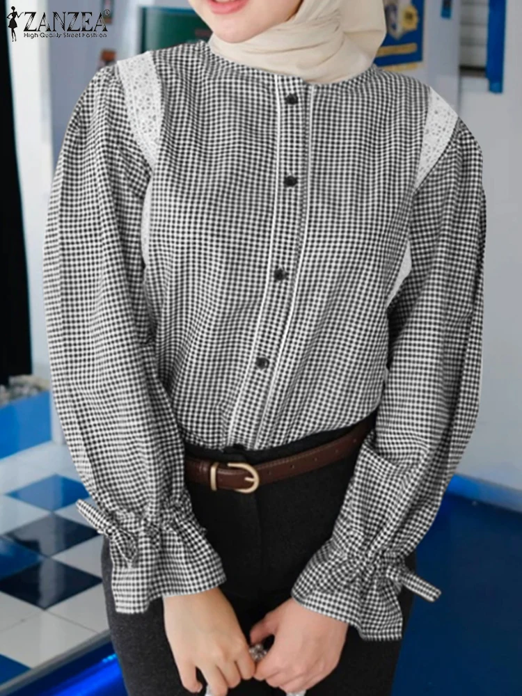 ZANZEA Women O Neck Long Sleeve Checked Blouse 2025 Muslim Shirt Turkey Abaya Islamic Clothing Blusas Femme OL Work Tops Mujer
