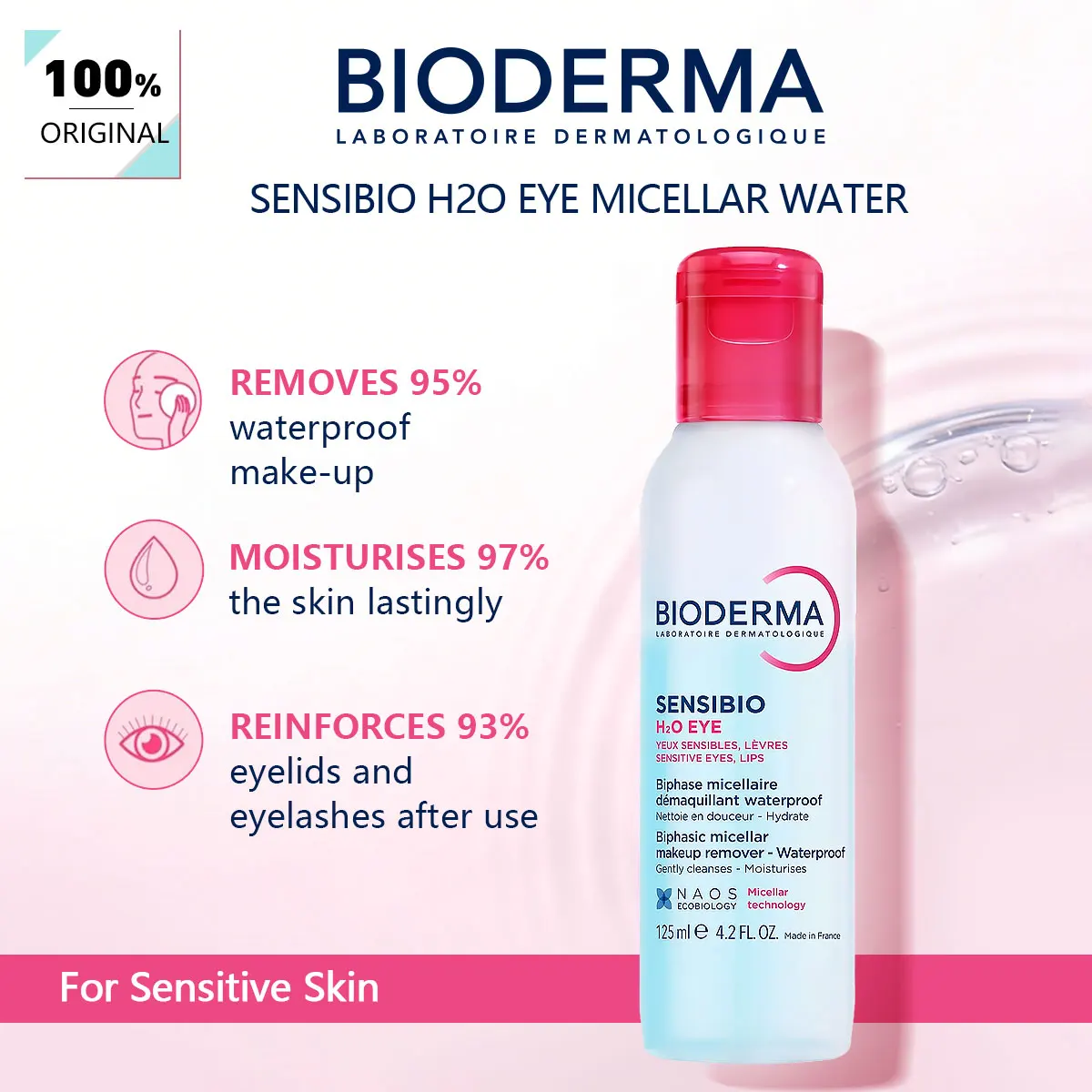 Bioderma SENSIBIO H2O EYE 125ML, Limpieza Suave Sin Irritación, Ligero y No Grasoso, Calmante e Hidratante, Desmaquillante de Ojos y Labios