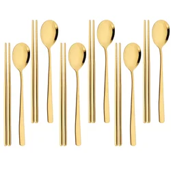 304 Stainless Steel Cutlery Set Sushi Sticks Dinner Spoons Set 8/10Pcs Dinnerware Korean Chopsticks Dessert Spoon Flatware Set