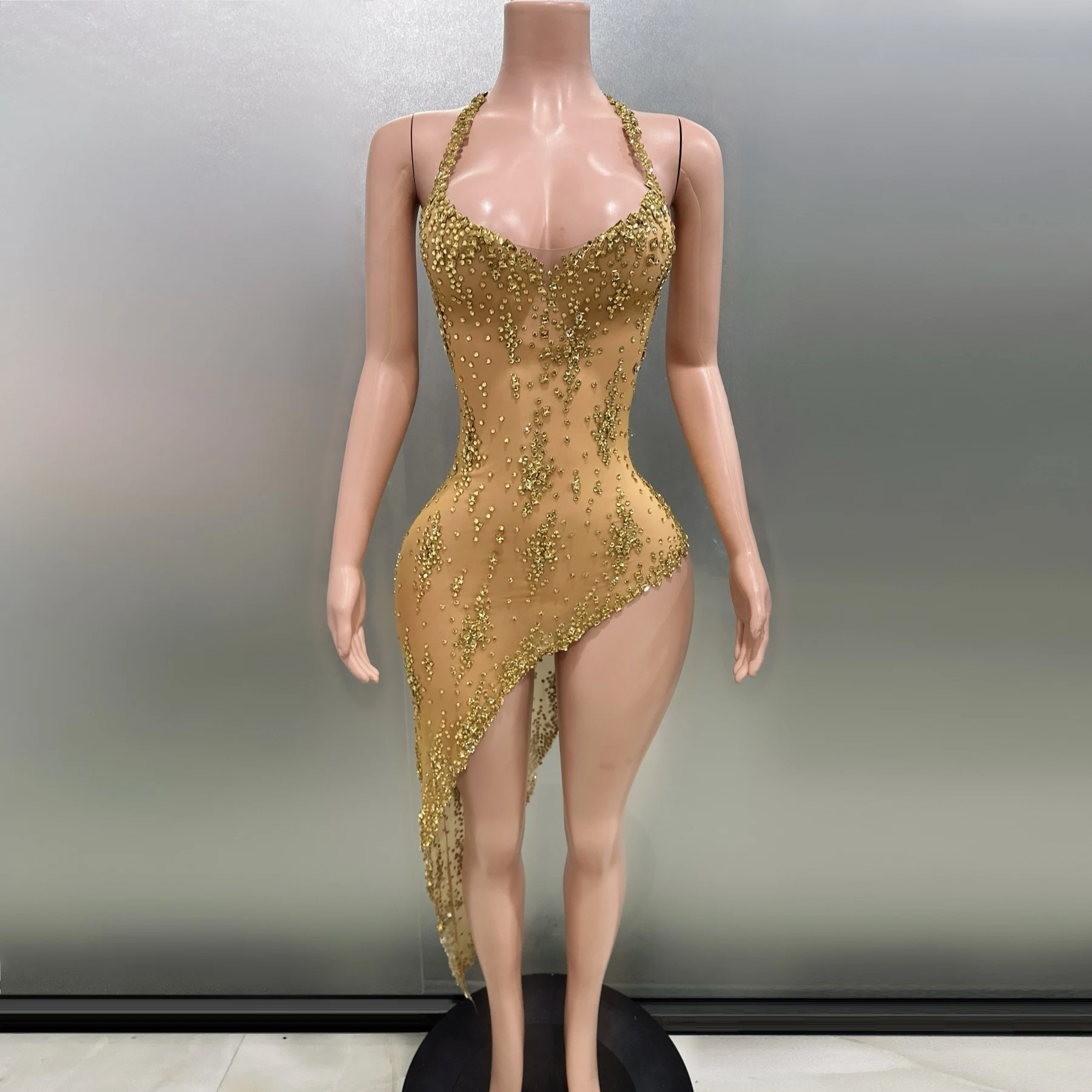 

Gold Rhinestones Sexy See-Through Sheath Dress Nightclub Bar Performance Custome Singers Stage Wear Birthday Evening Party Dress