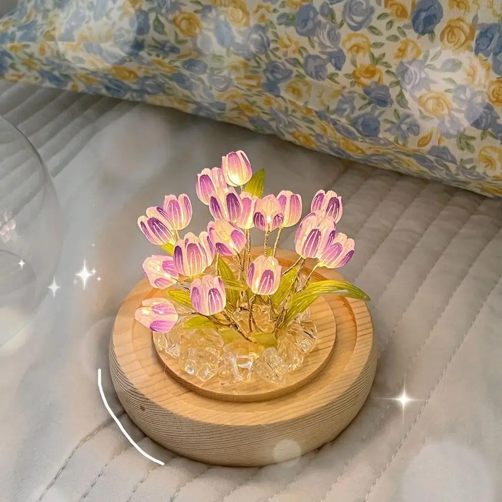 Artificial Tulip Flower Night Light Handmade DIY Bedside Lamp LED Night Lamp Bedroom Decor Christmas Birthday Gifts Table Lamp