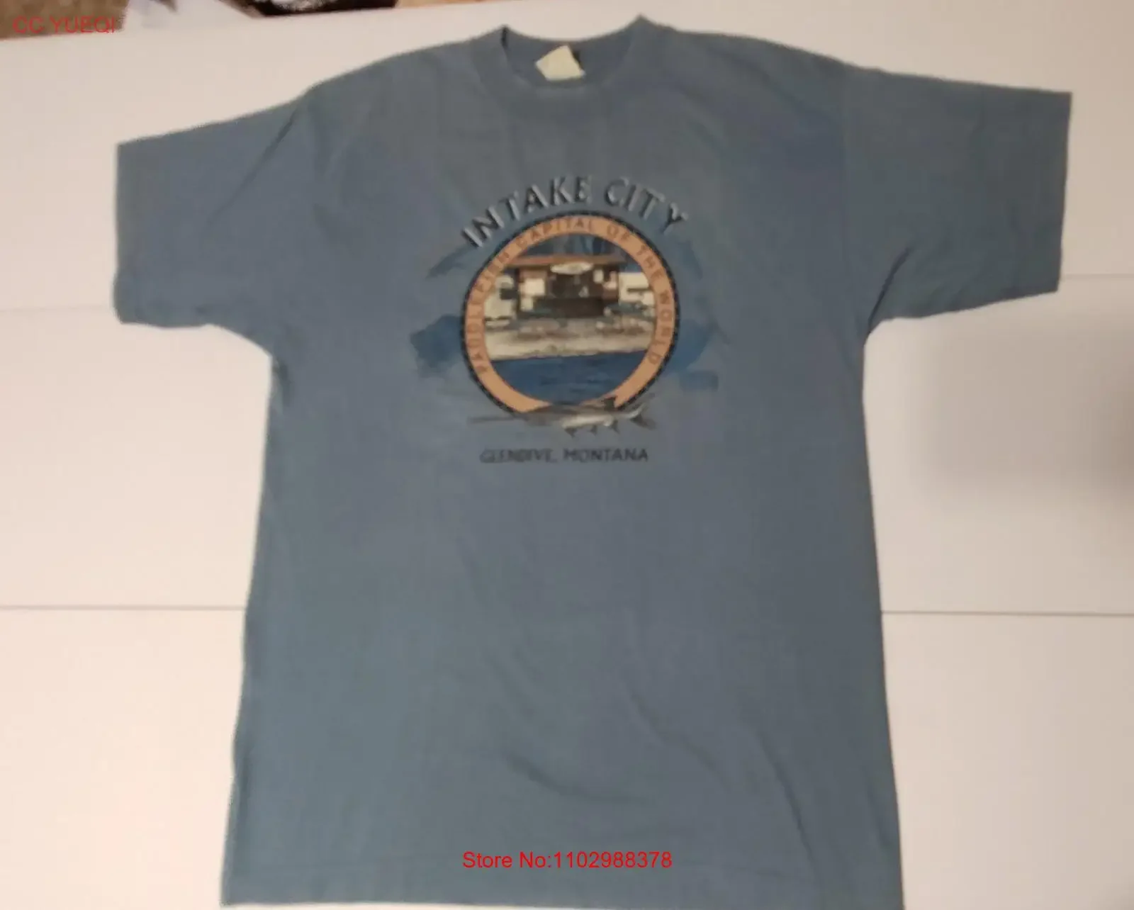 Мужская футболка XL оливково-зеленого цвета «Intake City Paddlefish Capitol Glendive Montana», винтажная стильная уличная одежда, модная мужская одежда Мужская футболка XL оливково-зеленого цвета «Intake City Paddlefish Capitol Glendive Montana», винтажная стильная уличная одежда, модная мужская одежда