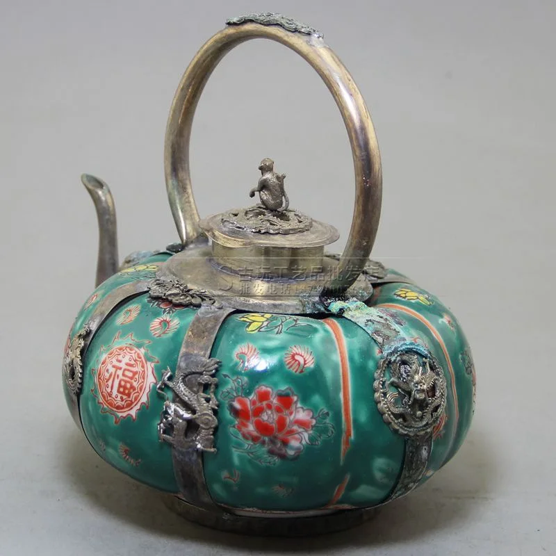 Antique Crafts Factory in Stock Wholesale Collection Decoration Vintage Distressed Green Porcelain Bag Silver Wine Pot Ornaments