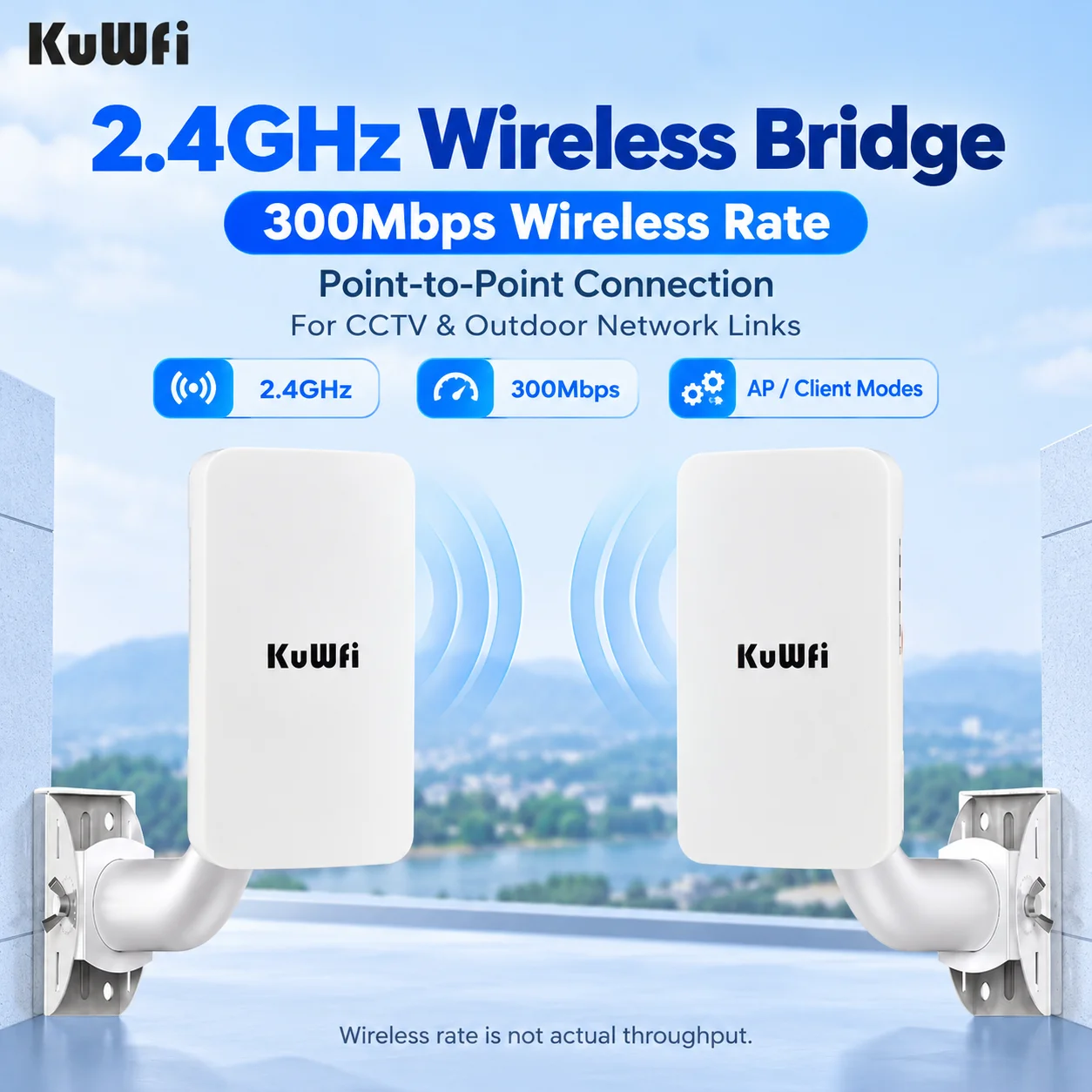 KuWFi 1KM Long Range Outdoor CPE 2.4GHz WiFi Bridge – Plug & Play Point to Point Wireless Extender for IP Camera CCTV Farm