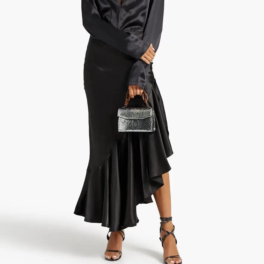 High Waist Asymmetric Ruffled Satin Midi Skirt Black Women Clothing With Buttons Soft Stin Skirts Elegant Woman Clothes