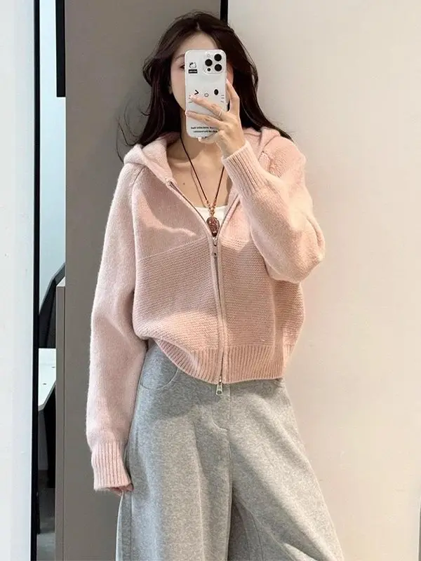 

Розовая вязаная куртка с капюшоном на молнии для женщин: уникальная, красивая, омолаживающая, очень эффектная, осенне-зимняя вязаная кофта-топ