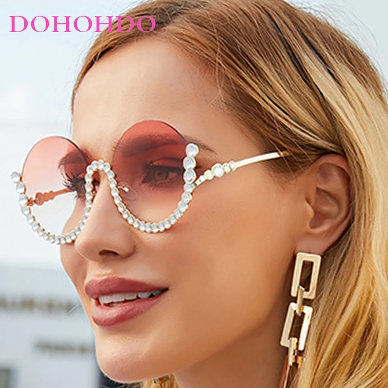 

Luxury Brand Half Frame Round Women Sunglasses Retro Fashion Imitation Diamond Men Shades Summer Traveling Sunglass Ladies UV400
