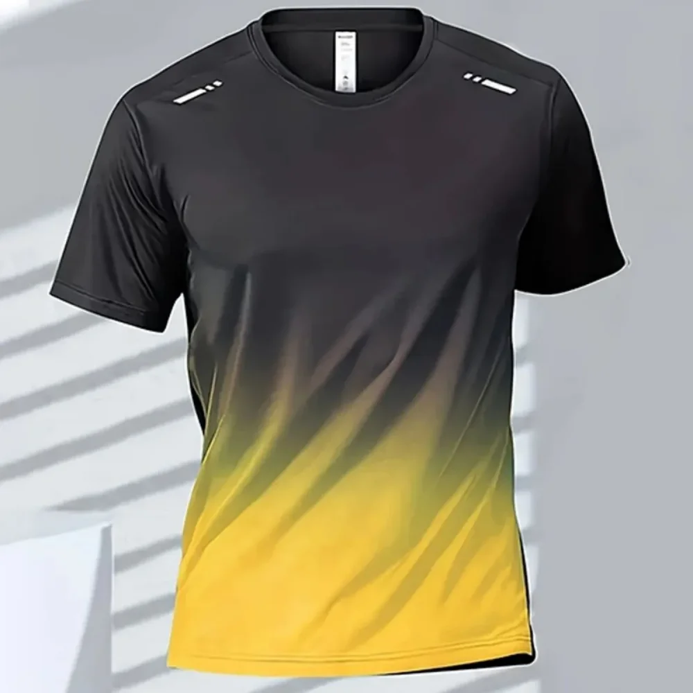 Men Gradient Color Quick Dry T‑Shirt Breathable Short Sleeve Athletic Tops Running Gym Fitness