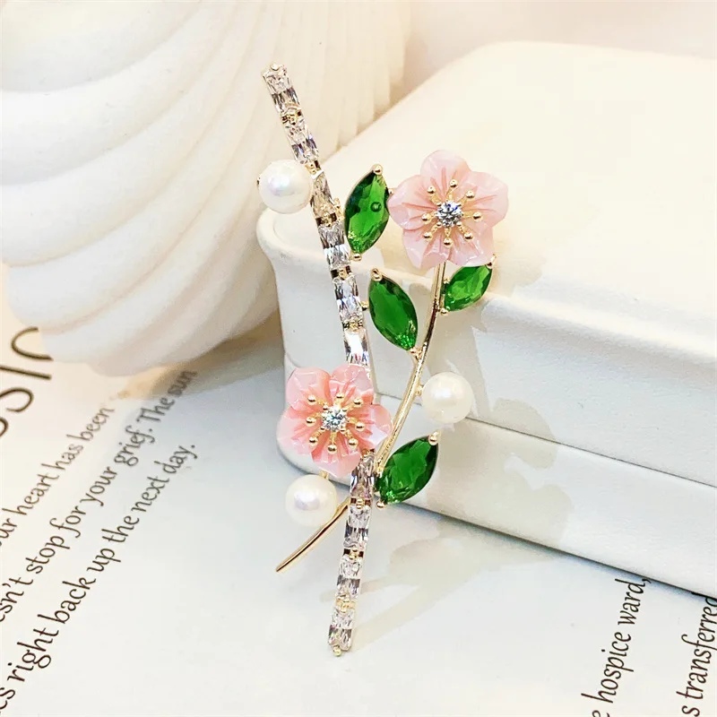 Chinese Style Lucky Auspicious Peach Blossom Brooch For Women Pink Shell Zircon Pearl Elegant Lapel Pin For Coat Sweater Gifts