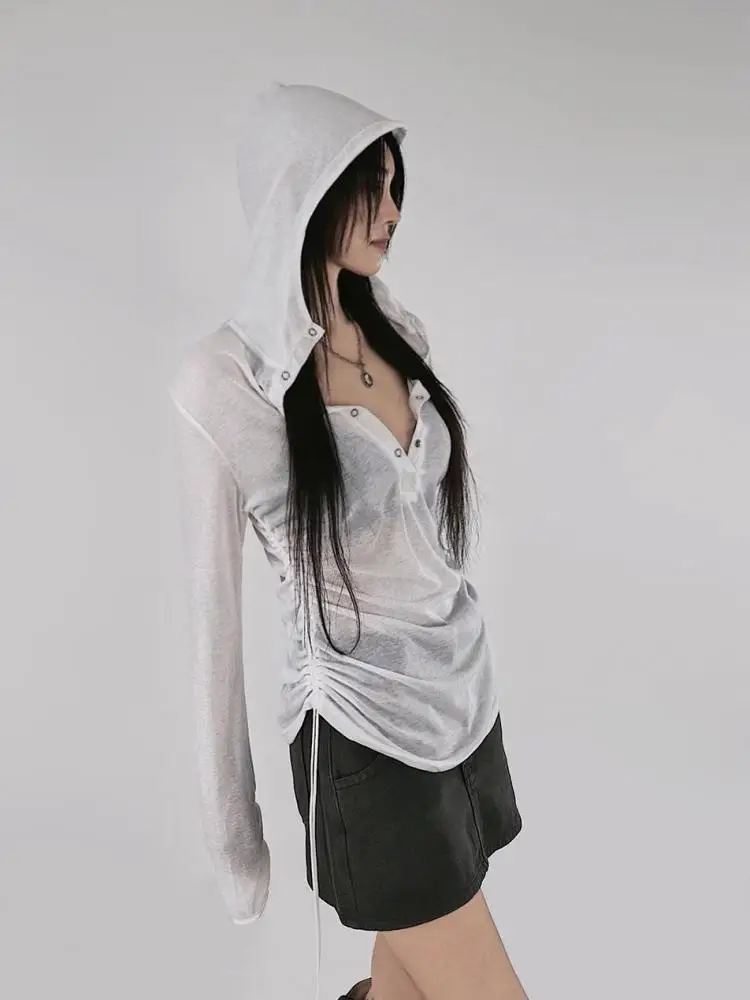 Yedinas Hooded Sheer T Shirt Woman Clothes Long Sleeve Korean Fashion 2000s Clothes Y2k See Through Autumn Tops Tees Female