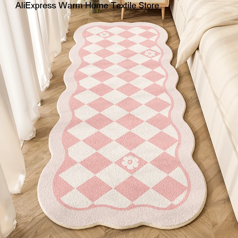 Pink Lattice Carpet for Bedroom Cute Cartoon Plaid Plush Children Bedside Rug Home Decoration Living Room Floral Fluffy Mat