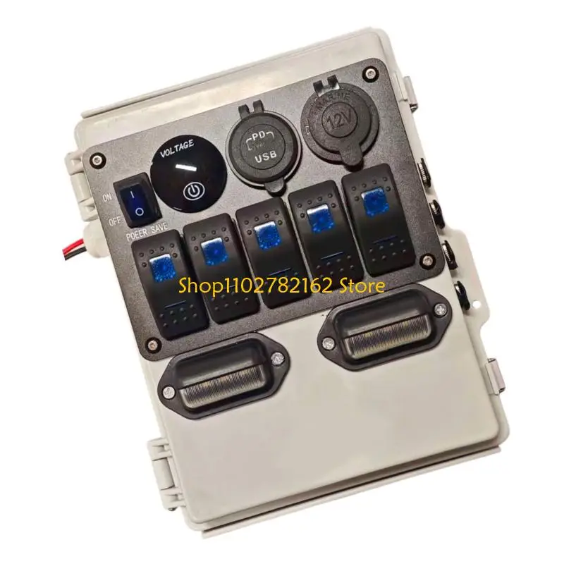 

547B Boat Switches Panel 5 Gang Rocker Switches Box with Circuit Breakers, USB Chargers For Yacht Electrical Control