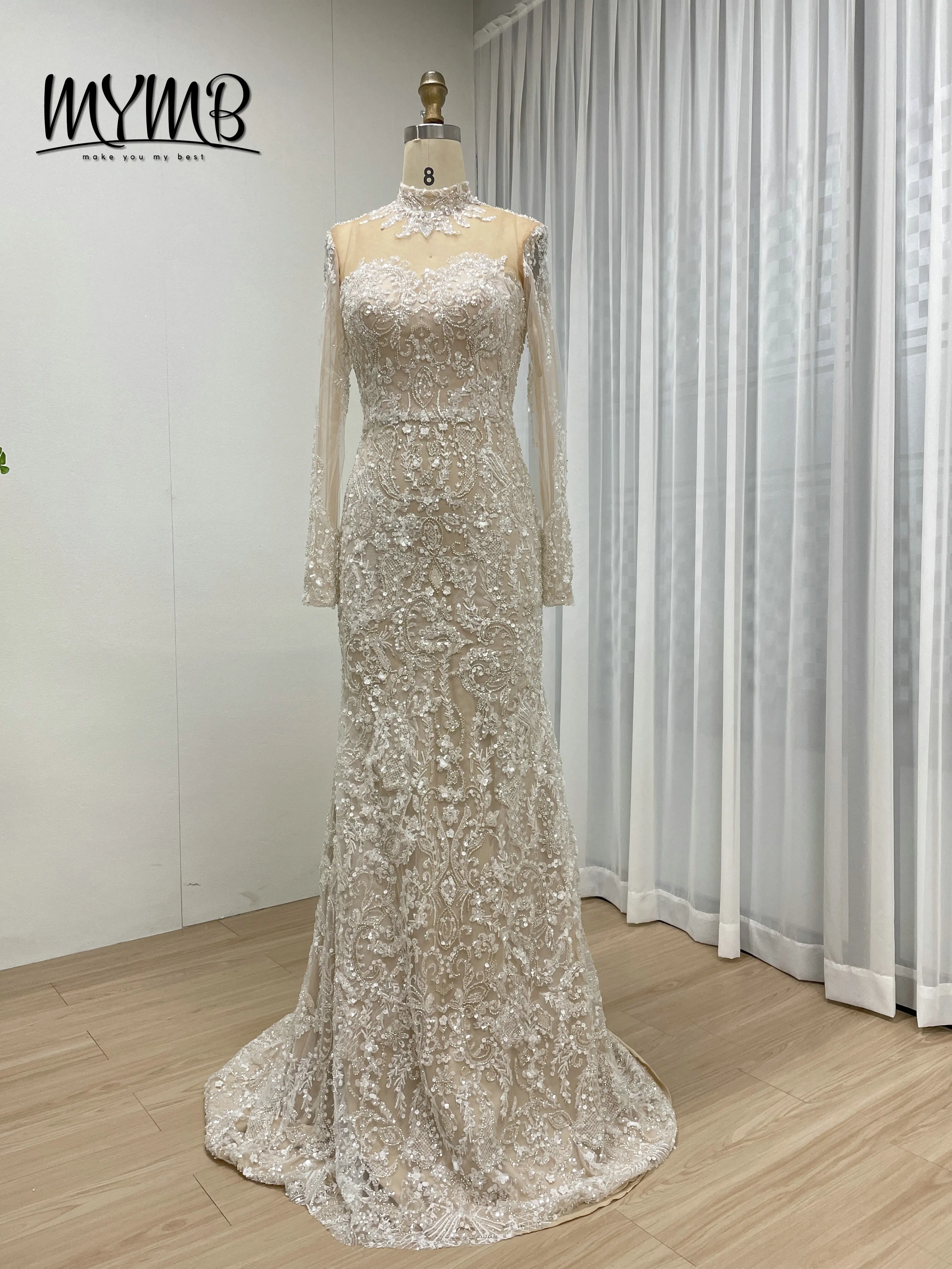 MYMB Elegante Lvory Zeemeermin Avondjurk Lange Mouw Mode Temperament Hoge Kwaliteit Prachtige Mooie Pailletten Toga MY30127