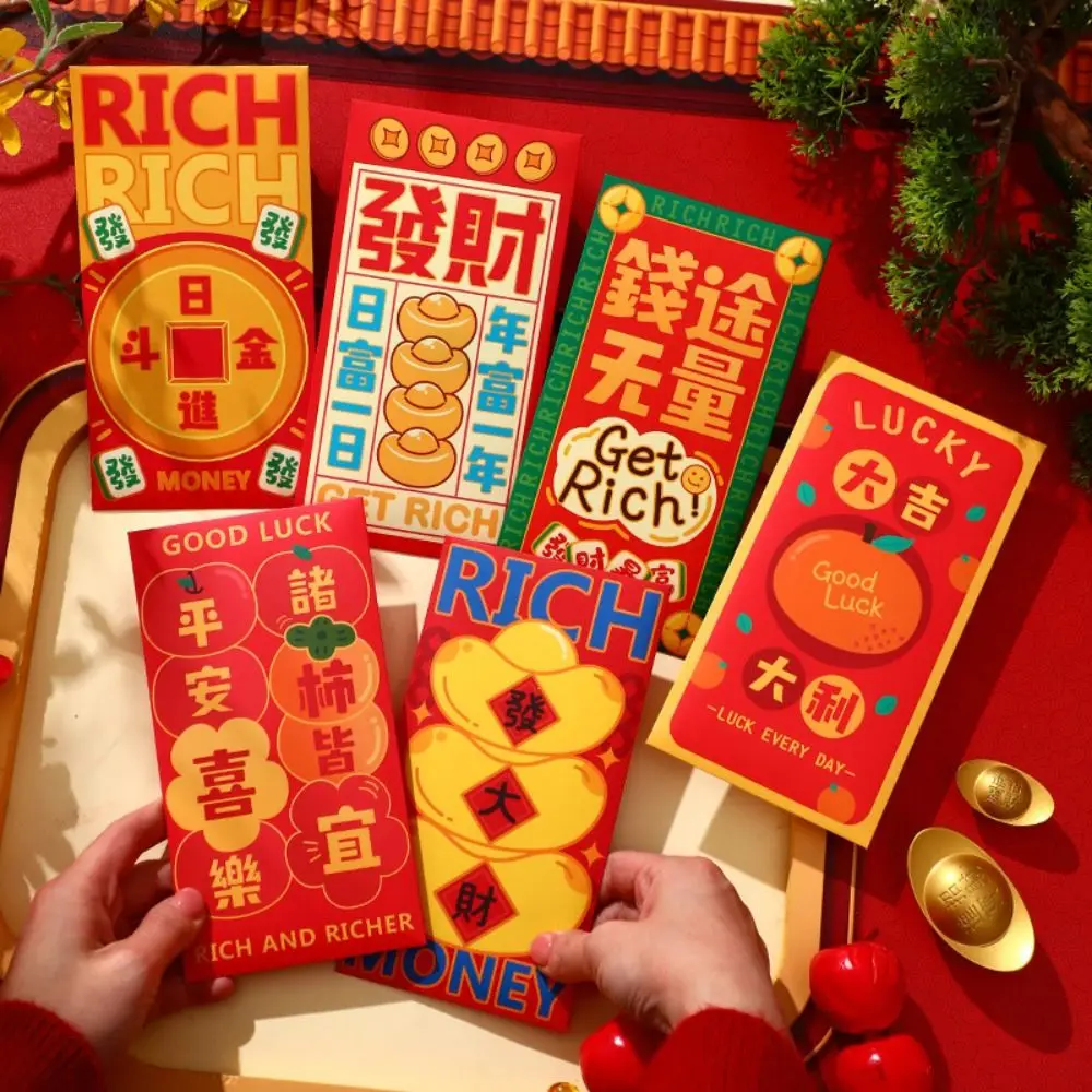 6 Stuks Cartoon Chinese Slang Jaar Rode Envelop Zegeningen Afdrukken Traditionele Nieuwjaar Geld Envelop Gemengd Patroon Verdikte
