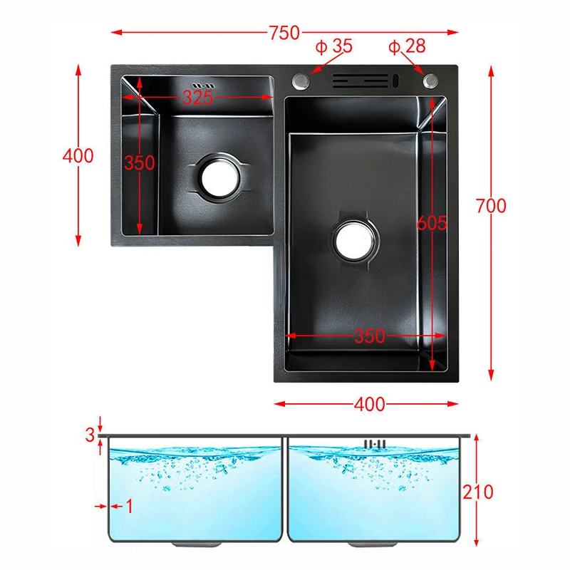 Black Corner Kitchen Sinks Stainless Steel Thickened Handmade Basin Household Kitchen Accessories Creative Double-slot Washbasin