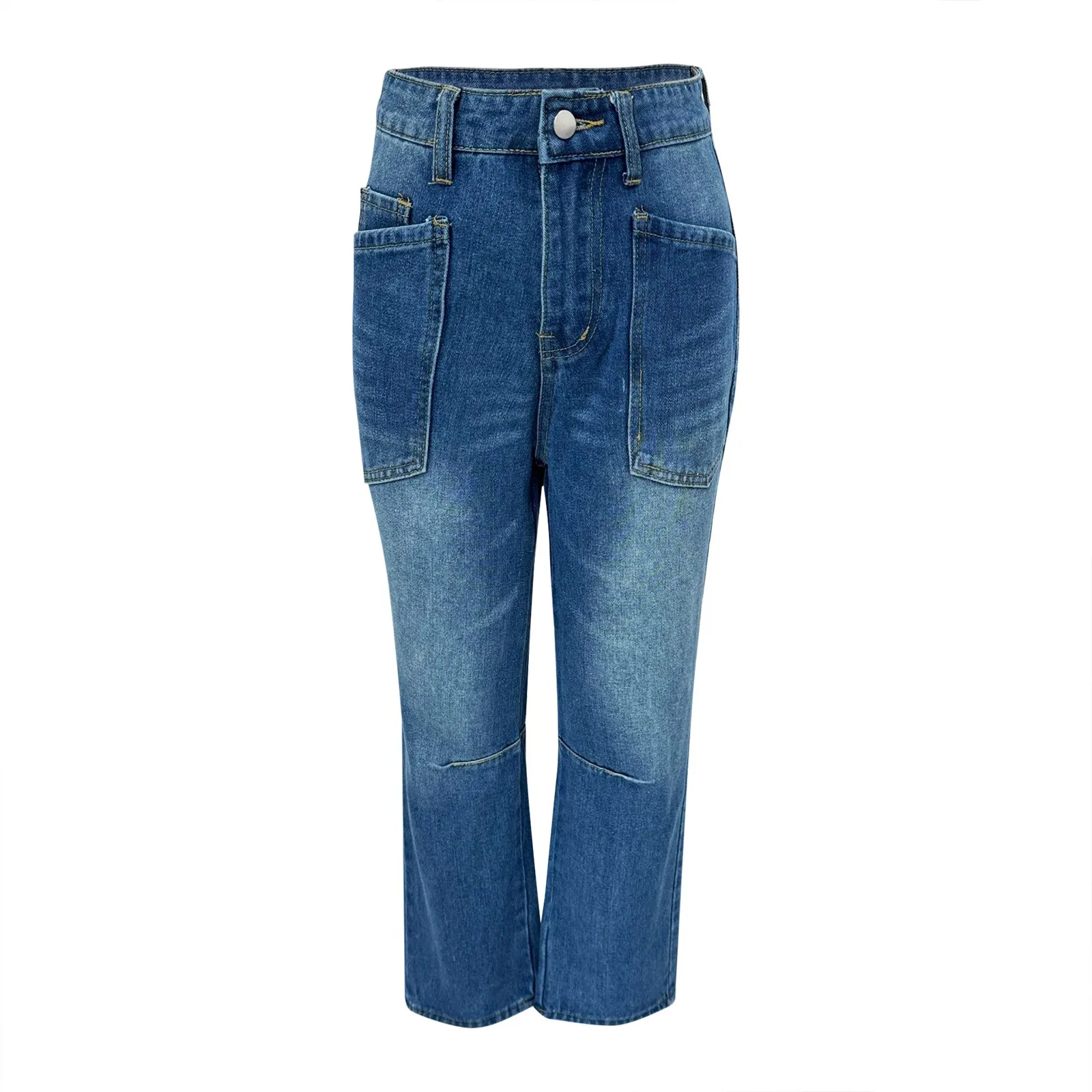 بنطال جينز نسائي كلاسيكي Y2k فضفاض عالي الخصر وواسع الساق من قماش الدنيم مع جيوب متعددة ملابس الشارع