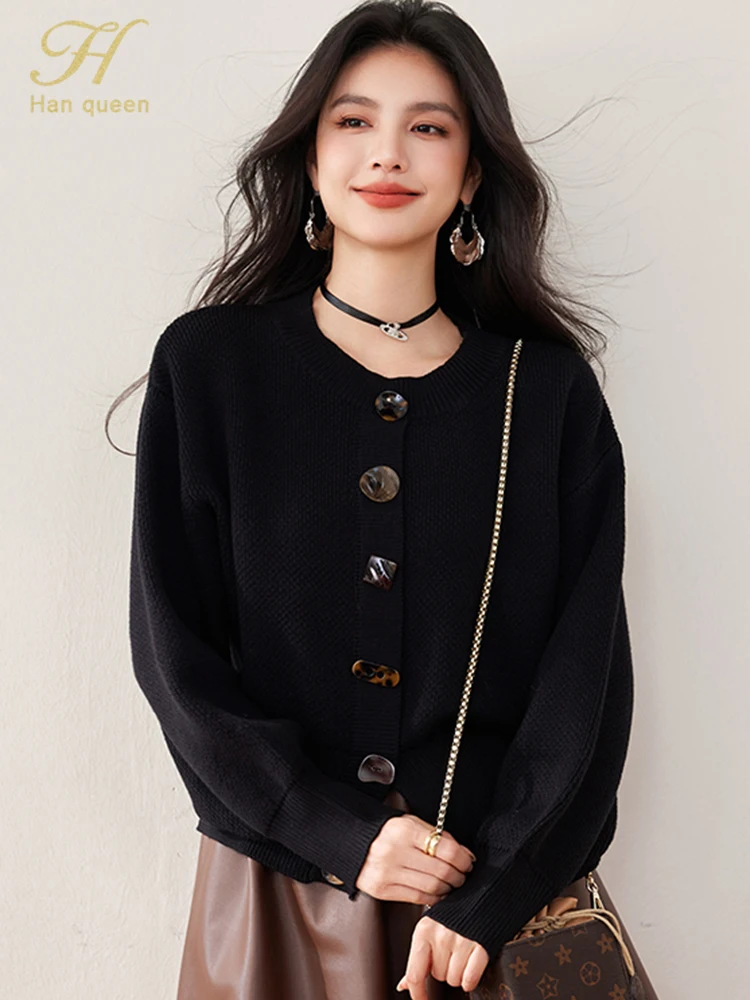 

H Han Queen Autumn Knitted Cardigan Sweaters Single Breasted Outerwears Black Tops Basic O-Neck Long Sleeve Women's Sweater