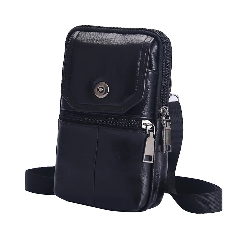 Men's Messenger Bag Cowhide Leather Bag Mobile Phone Pouch Pocket Wallet Male Small Travel Waist Bag Multi-Pockets Chest Bag