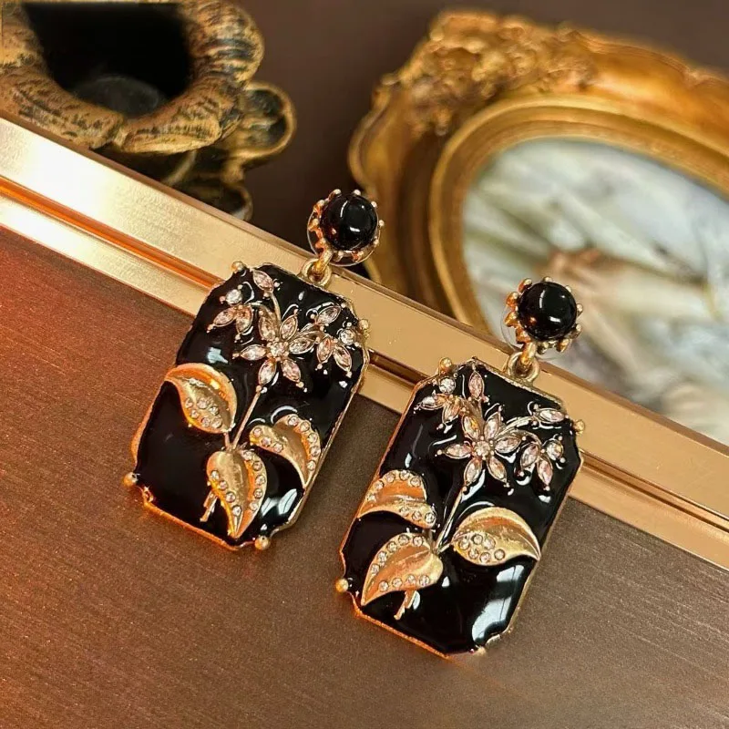 Black Glazed Earrings for Women Flowers Chinese Style Vintage Geometric Jewelry Elegant Fashion Aretes De Mujer