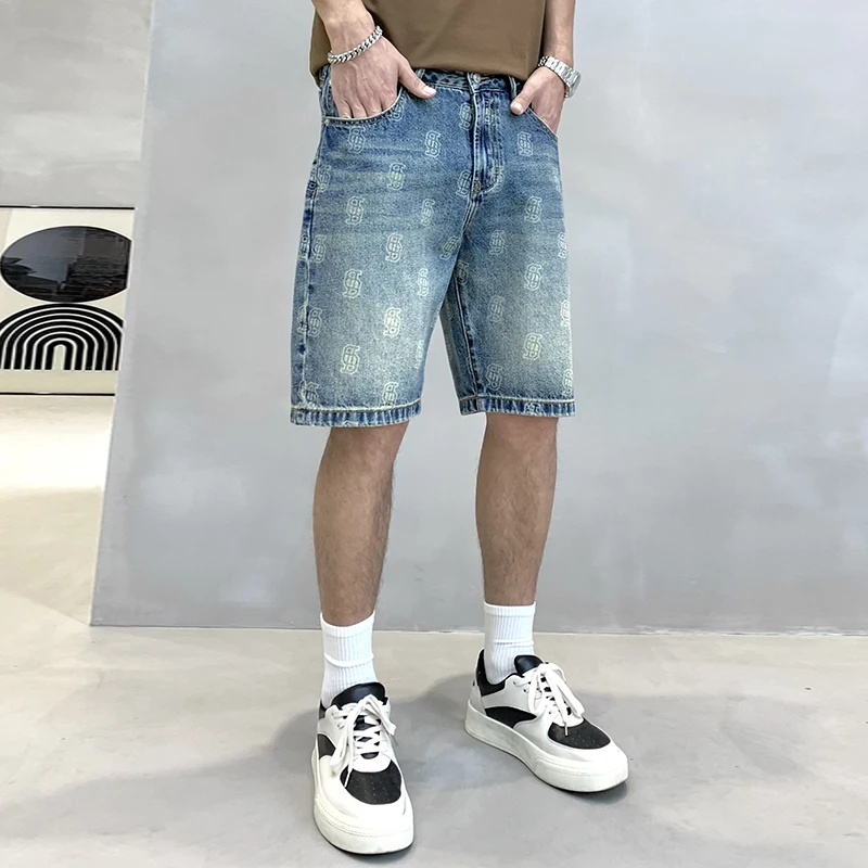 

Men's Denim Shorts2024Summer New Fashion Printed Pants Loose Personality All-Matching Fashion Brand Korean Style Fifth Pants