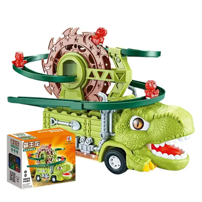 Playset Jalur balap dinosaurus, Set permainan konstruksi rel kereta api dinosaurus geser dengan Balap kartun untuk dinosaurus memanjat tangga