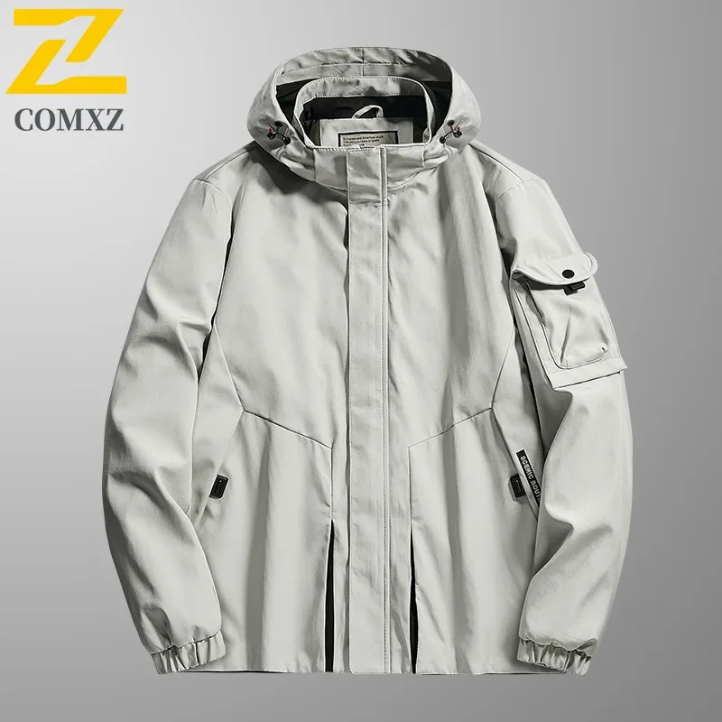 

COMXZ 2025 Mens Outdoor Functional Jacket Spring Autumn Loose Fit Hooded Windproof Hiking Windbreaker Workwear Coat 9811