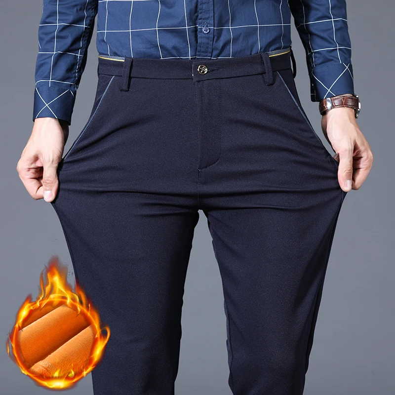 Pantalones de traje de lana cálidos de invierno para hombre, pantalones casuales gruesos formales rectos para oficina de negocios, pantalones térmicos de terciopelo clásicos elásticos