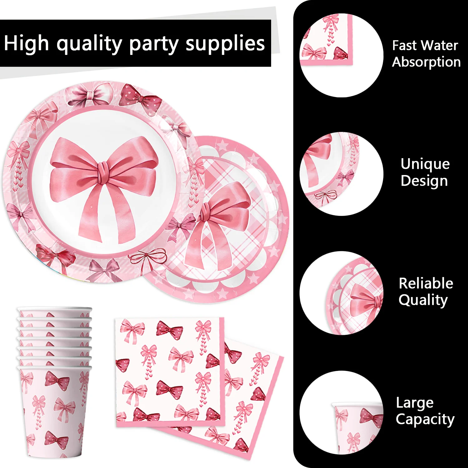 Pink Coquette Bow Disposable Tableware Set Paper Plates Cups Napkins Tablecloth Girls Birthday Baby Shower Party Supplies view 2