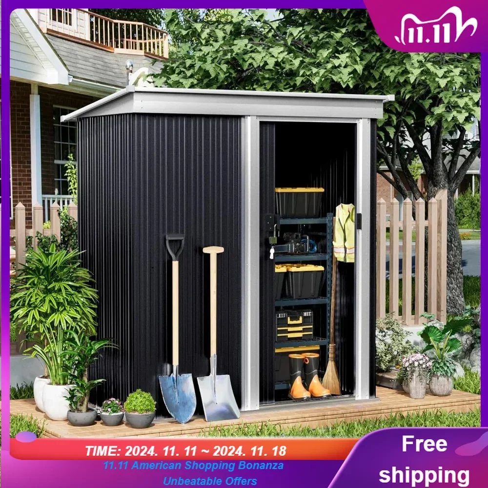 Outdoor Metal Shed 5FTx3FT, Mini Weather Resistant Tool Storage Sheds with Lockable Door, Sloped Roof Storage Shed,